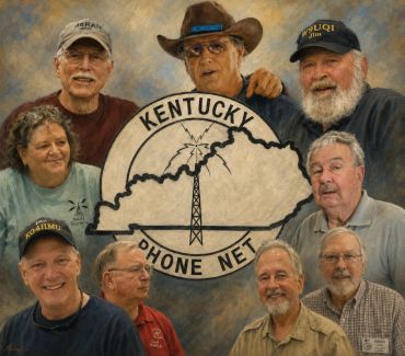 Group photo of amateur radio enthusiasts with Kentucky Phone Net sign.