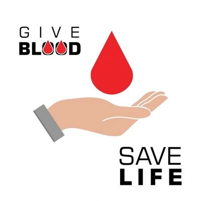 Hand holding a blood drop with 'Give Blood Save Life' text.