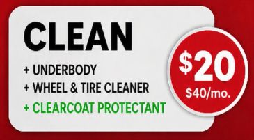 Car cleaning service priced at $20, includes underbody and tire cleaning.