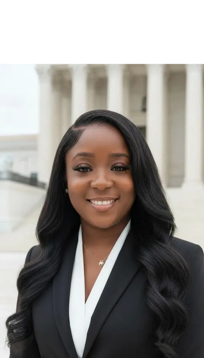 Professional woman with long black hair smiling in front of a classical building.