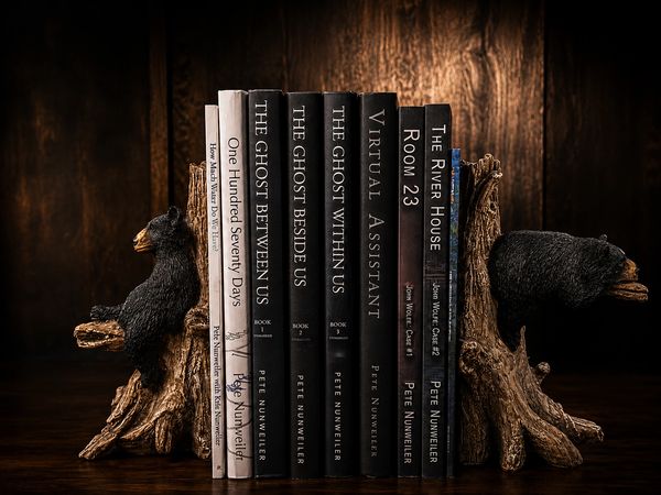 Rustic bear-themed bookends holding a collection of Pete Nunnwiller novels.