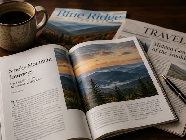 Magazine, travel article, and coffee on a writer's desk.