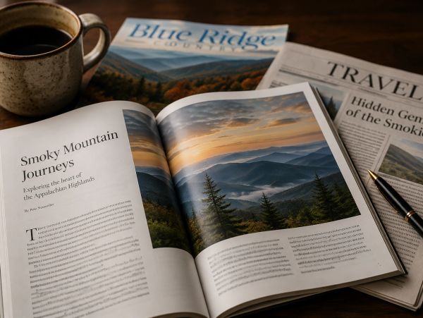A magazine and newspaper featuring travel articles about the Smoky Mountains with a cup of coffee nearby.