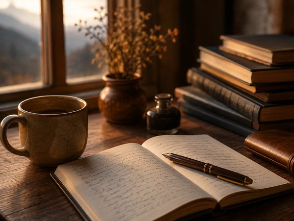 Cozy writing setup with a cup of coffee, open journal, and stack of books by a window.