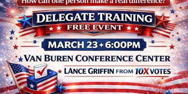 Poster for a free Delegate Training event on March 23 at Van Buren Conference Center.
