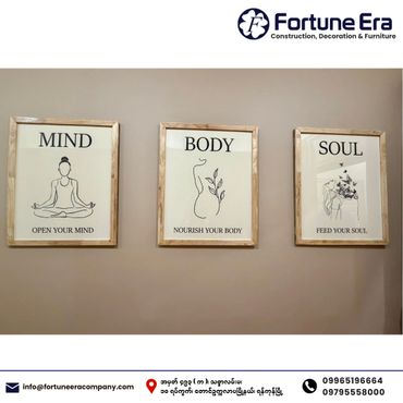 Three framed wall art pieces with motivational messages on mind, body, and soul.