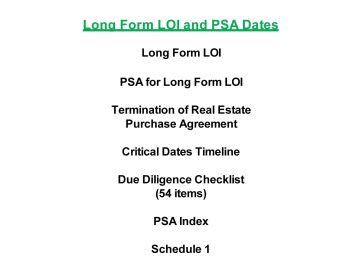 Document outline with key sections on Long Form LOI and PSA Dates.