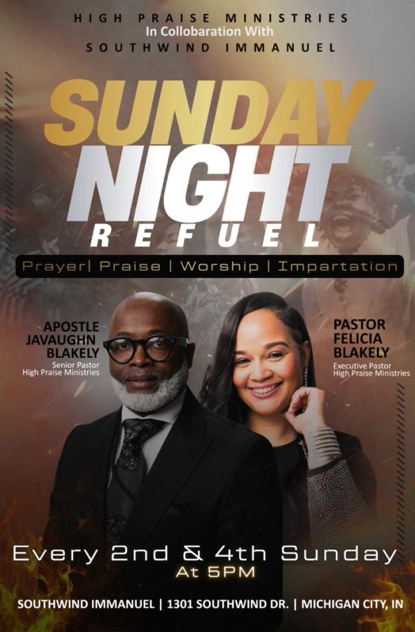 Sunday Night Refuel event flyer with Apostle Javaughn Blakely and Pastor Felicia Blakely.
