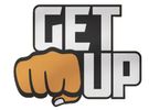 A bold graphic with a fist and the words 'GET UP'.