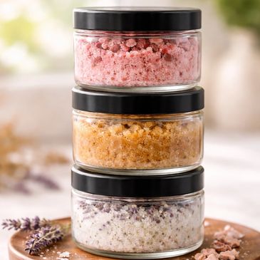 Himalayan pink salt, Dead Sea salt, organic raw sugar,  rosehip, almond, coconut, sesame oils