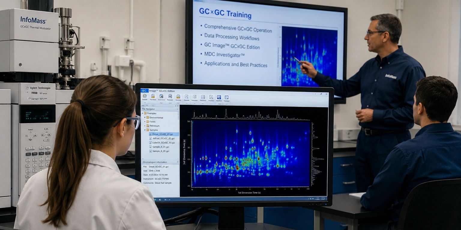 Scientists training on GCxGC chromatography data analysis.