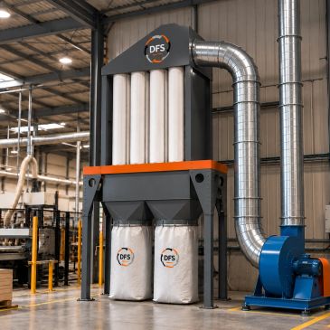 Industrial dust collection system with DFS branding.