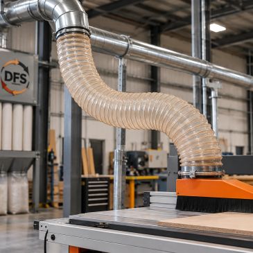 Flexible dust extraction hose in a workshop.