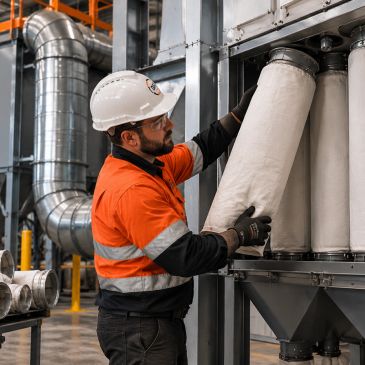 Worker inspecting industrial equipment filter.