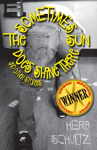 Person bending down wearing jeans with circular yellow text overlay.