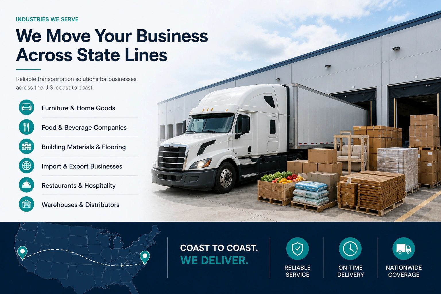 A logistics service ad showing a truck, cargo, and delivery benefits across the U.S.