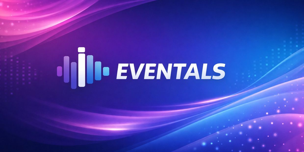Eventals logo with vibrant purple and blue wave background.