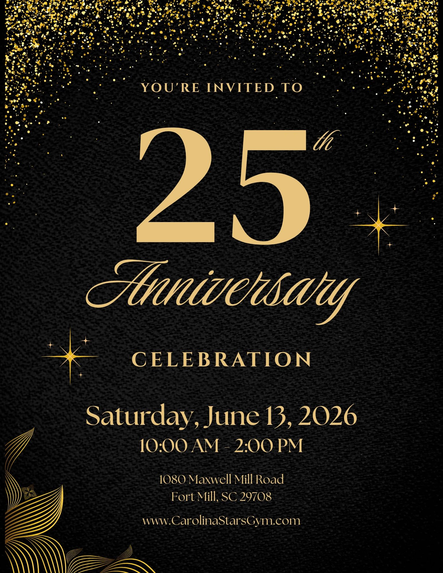 Elegant 25th anniversary celebration invitation with gold and black design.