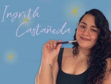 A smiling woman with glasses holding a makeup brush against a blue background with her name.