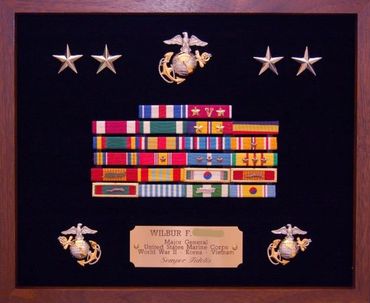 USMC Marine Major General, shadow box display frame with ribbons