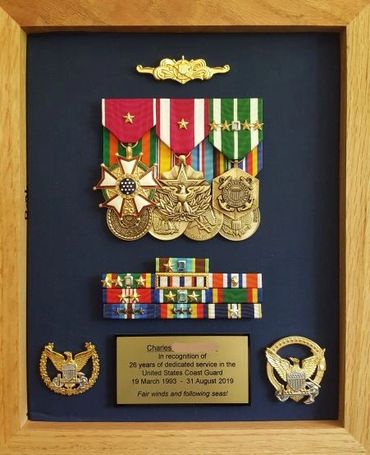 USCG Coast Guard Captain, Oak frame, Oak display, 10" x 12" , command Ashore badge, Command afloat b