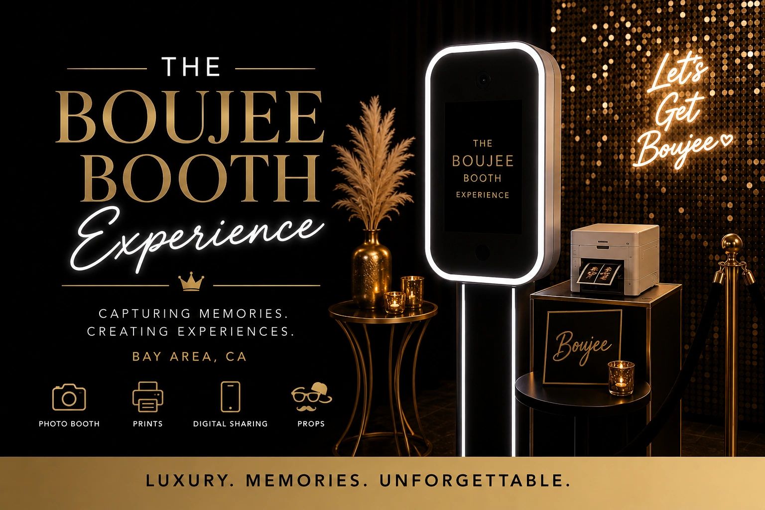 Luxury photo booth experience with prints, digital sharing, and props in Bay Area, CA.