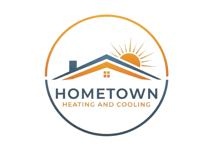 Logo for Hometown Heating and Cooling featuring a house and sun.