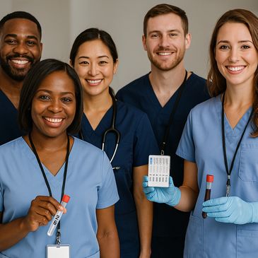 Diverse healthcare professionals smiling, holding blood samples and test results.