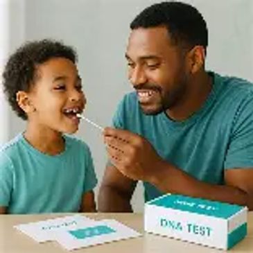 Father and son happily doing a DNA test at home.