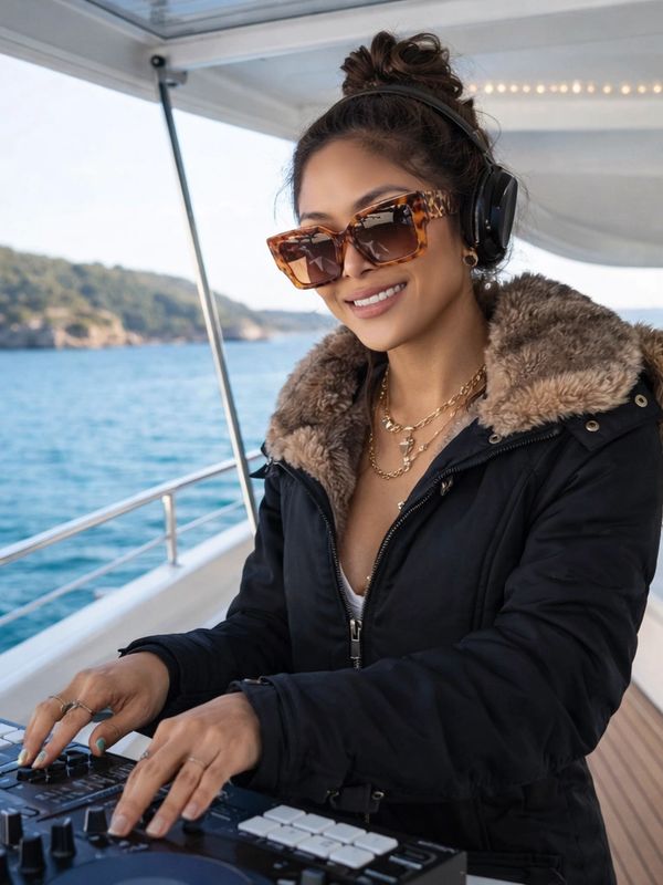 Woman DJ wearing headphones and sunglasses on a yacht, mixing music.