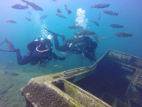 scuba divers looking at sunken boat in training quarry