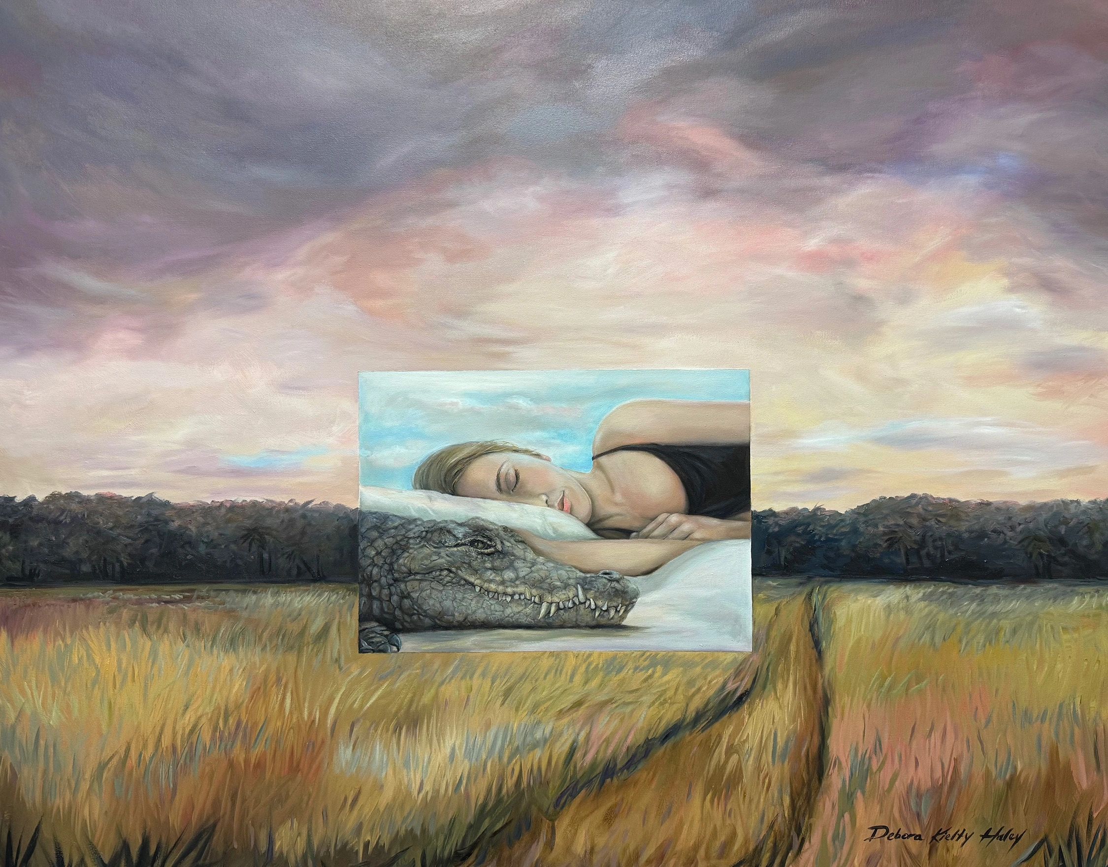 Surreal painting blending a woman sleeping with a crocodile in a field at sunset.