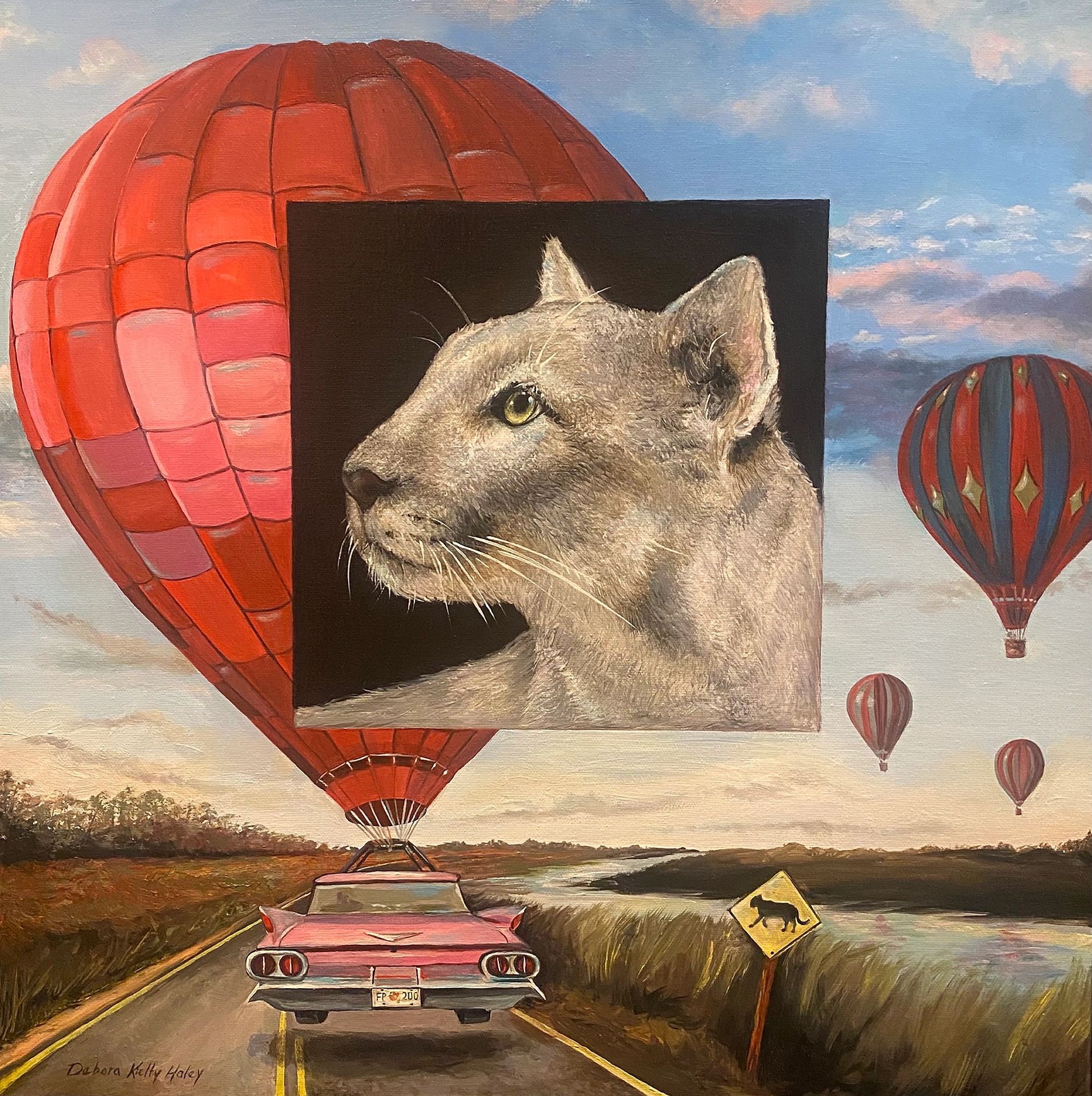 Surreal painting of a cougar's face inside a floating square with hot air balloons and a vintage car on a road.