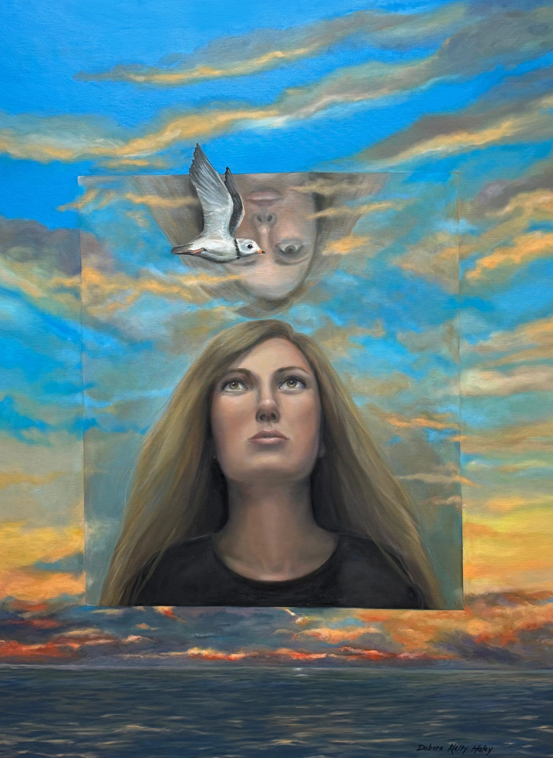 Surreal portrait of a woman with a bird and her reflection in the sky.