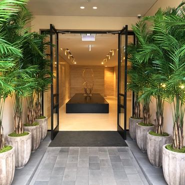 Custom Deigned Italian Terracotta vessels with upright palm trees flank entry into Luxury Apartment 