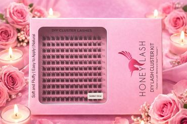 Honeylash DIY lash cluster kit with pink roses and candles.