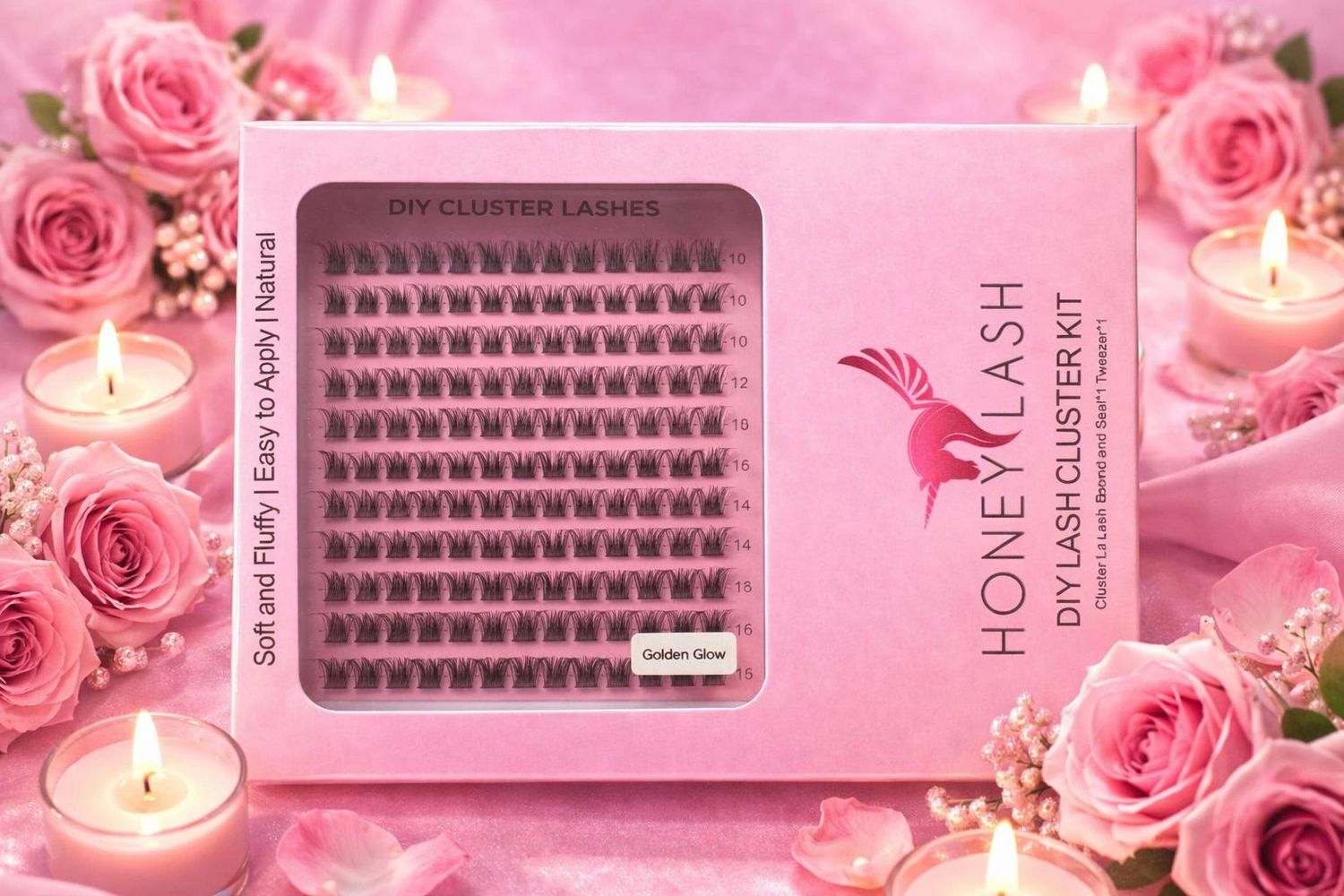Honeylash DIY lash cluster kit with pink roses and candles.