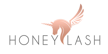 Elegant logo with a winged unicorn and the word HONEY LASH.