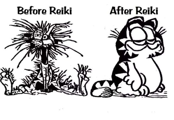 Cartoon cat frazzled before Reiki, relaxed and content after.