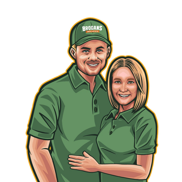 Cartoon couple in matching green shirts smiling, the man wearing a 'Brogans Landscape Construction' cap.