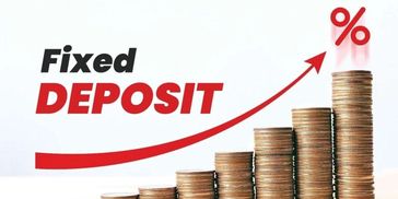 Stacked coins with fixed deposit growth graph and percentage symbol.