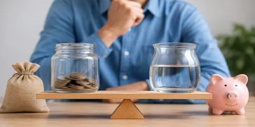 Balancing money and water in jars on a seesaw.