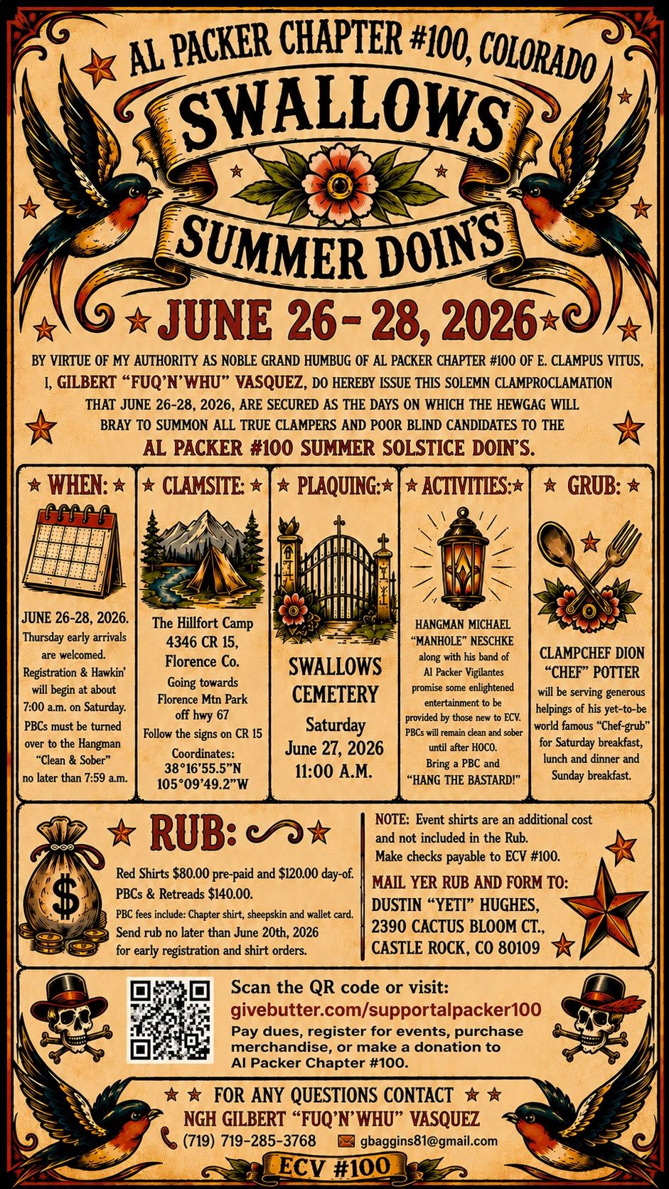 Vintage-style poster for Al Packer Chapter #100 Summer Doins in Colorado, June 26-28, 2026.