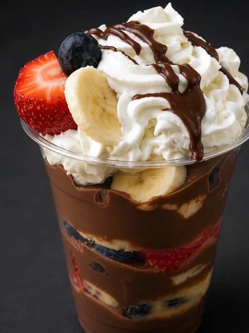 Chocolate dessert with whipped cream and fresh fruits.