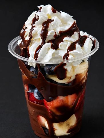 Fruit and whipped cream dessert with chocolate sauce.