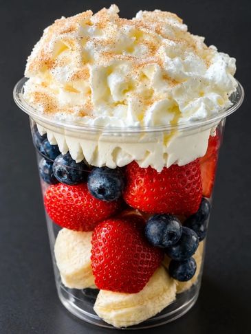 Fruit cup with whipped cream and cinnamon.