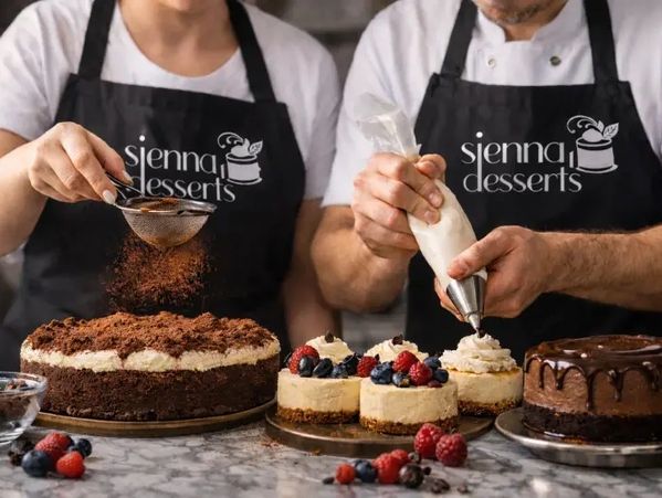 Two bakers decorating cakes and cheesecakes with cream and cocoa powder.