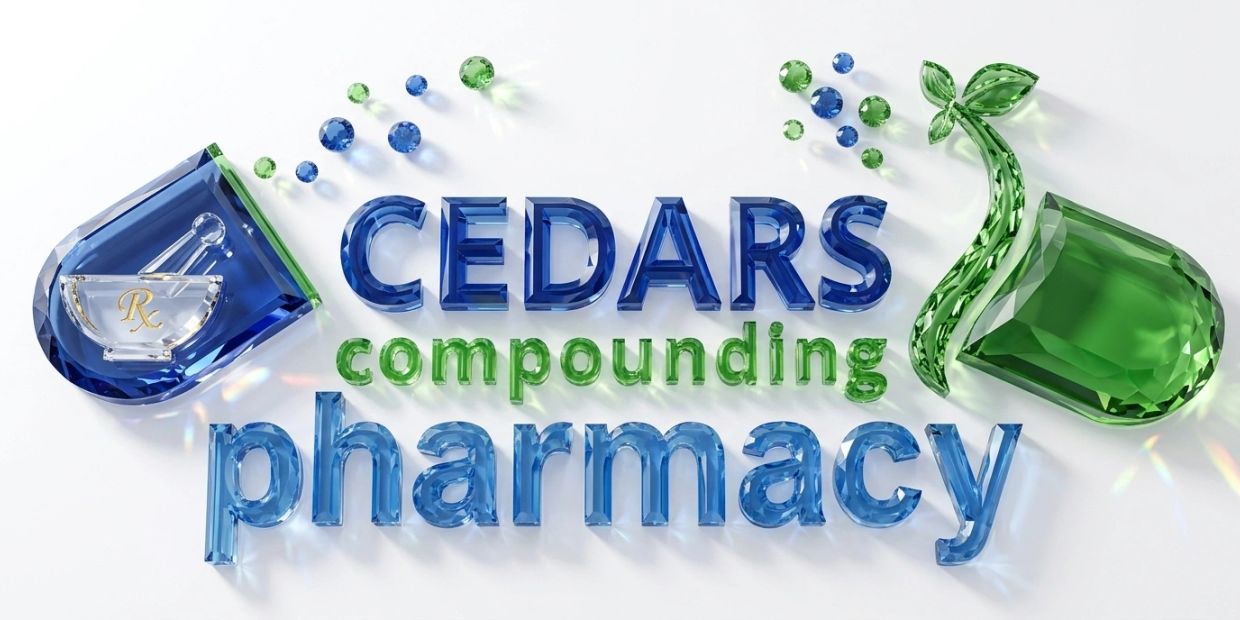 3D glass text logo for Cedars Compounding Pharmacy with pill and mortar symbols.