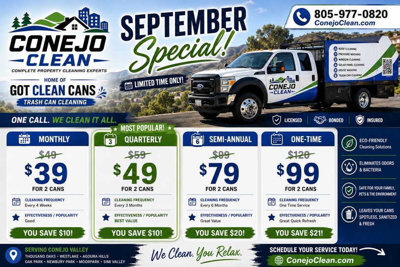 Conejo Clean September property cleaning special with discounted trash can cleaning plans.