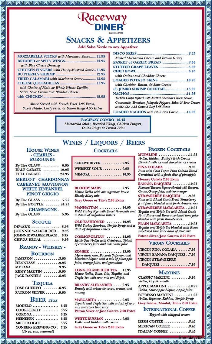 Raceway Diner Quick View Menu. For Our Full ADA Readable Compliant Menu Please Select the "Our Menus